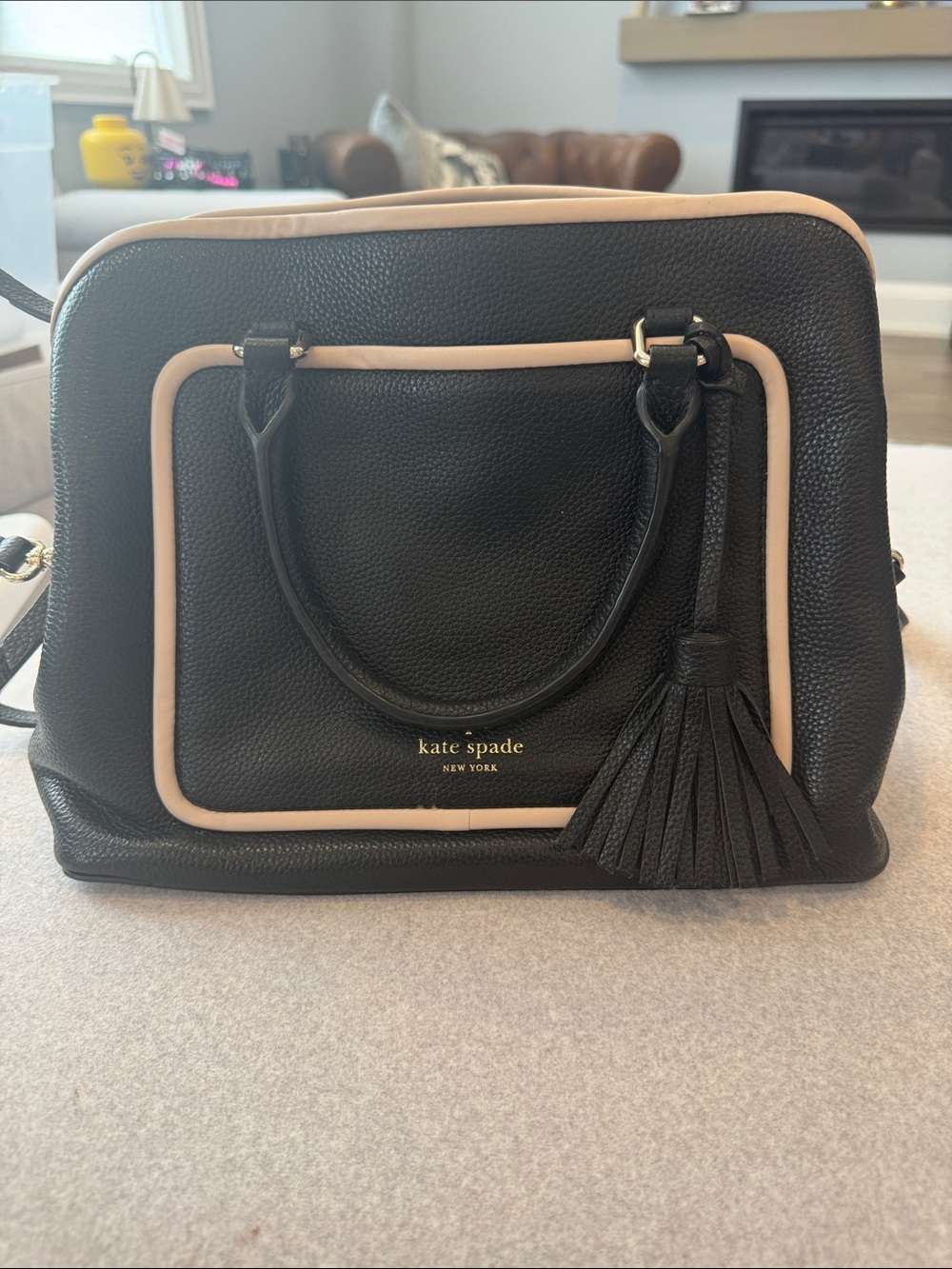 kate spade Black Satchel with Cream Trim and Tassel Accent